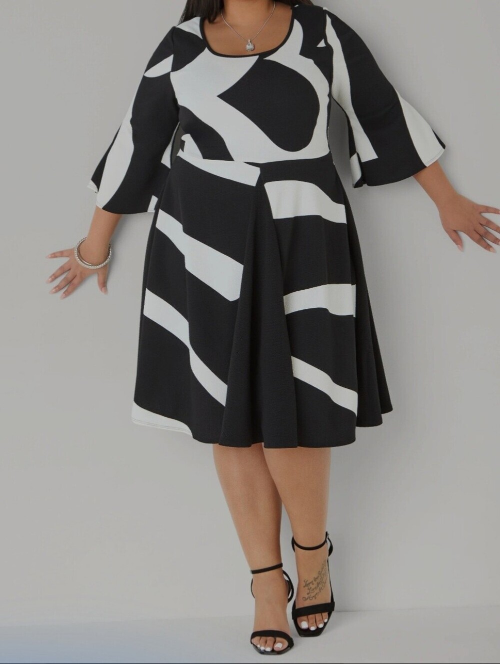 Black & White Graphic Fit-and-Flare Dress (Belt Is Not Included)